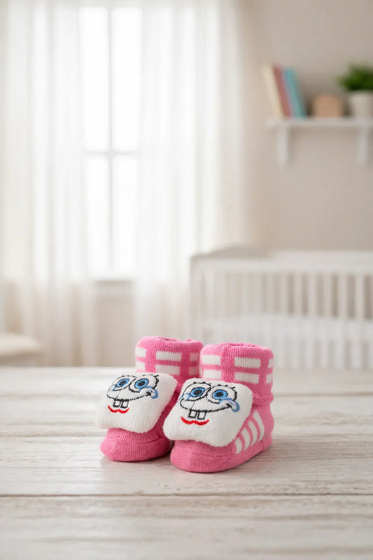 Adorable Pink & White Cartoon Character Baby Booties